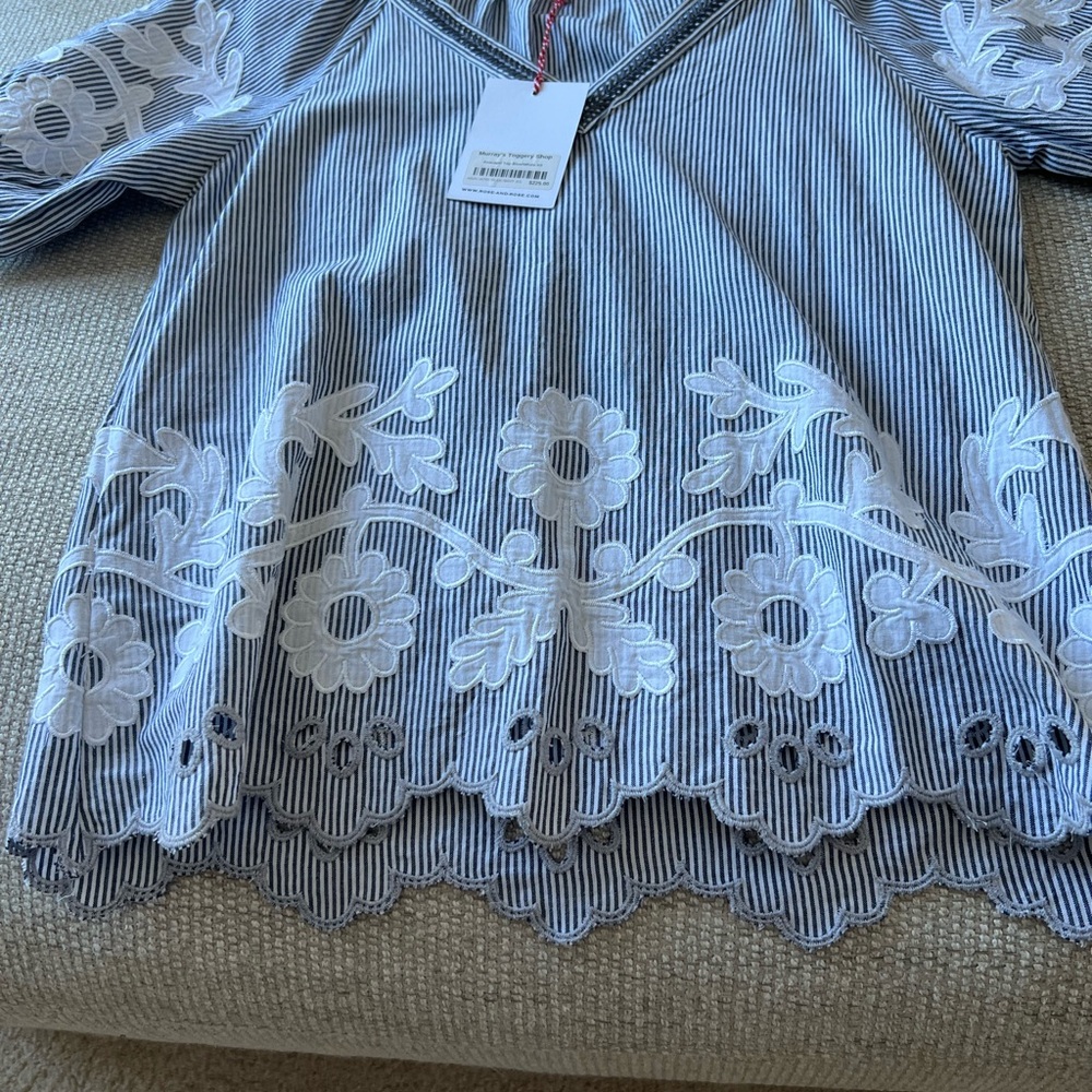 Striped Gray and White Embroidered Women's Top